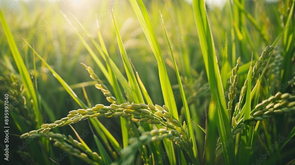 Obraz premium A low-angle close-up of rice plants growing in the field, showing the vibrant green leaves in detail.
