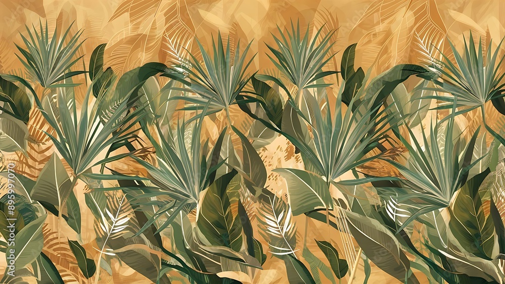 Fototapeta premium Abstract foliage botanical background. beige wallpaper of tropical plants, leaf branches, palm leaves, line art. Foliage design for banner, prints, decor, wall art, decoration