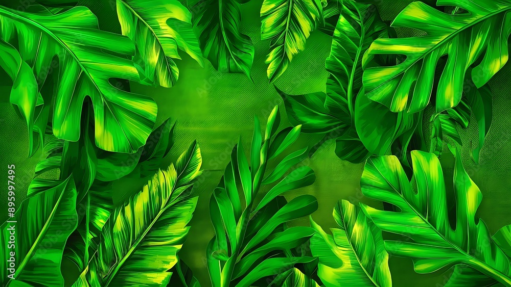Bright tropical leaves on a textured background, pattern in green tones Bright tropical leaves on a textured background, pattern in green tones