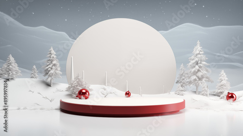 3D scene snow and tree with white podium and white ball with white background.