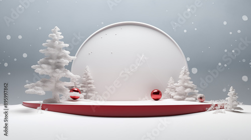3D scene snow and tree with white podium and white ball with white background.