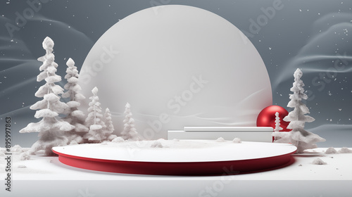 3D scene snow and tree with white podium and white ball with white background.