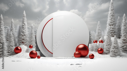 3D scene snow and tree with white podium and white ball with white background.