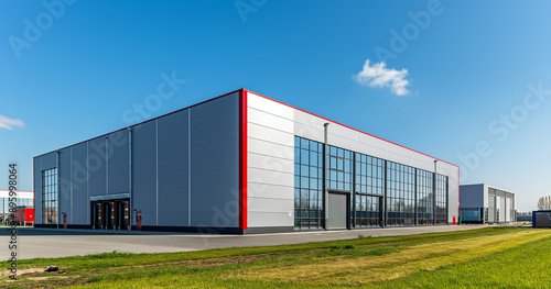 Exterior of a gray industrial warehouse dock station with white walls and red edges, surrounded by green grass. Commercial storehouse building, business unit, cargo factory, distribution, logistic bus