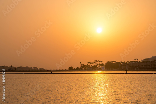 The sunset over Jeddah bay on the Red Sea in Saudi Arabia. 