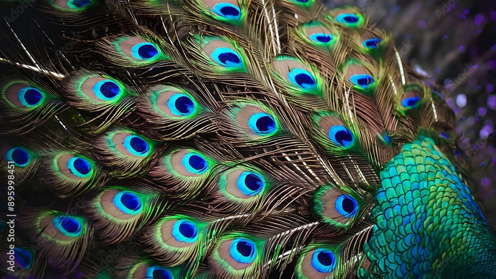 Obraz premium Colorful peacock feathers texture background, closeup, wallpaper