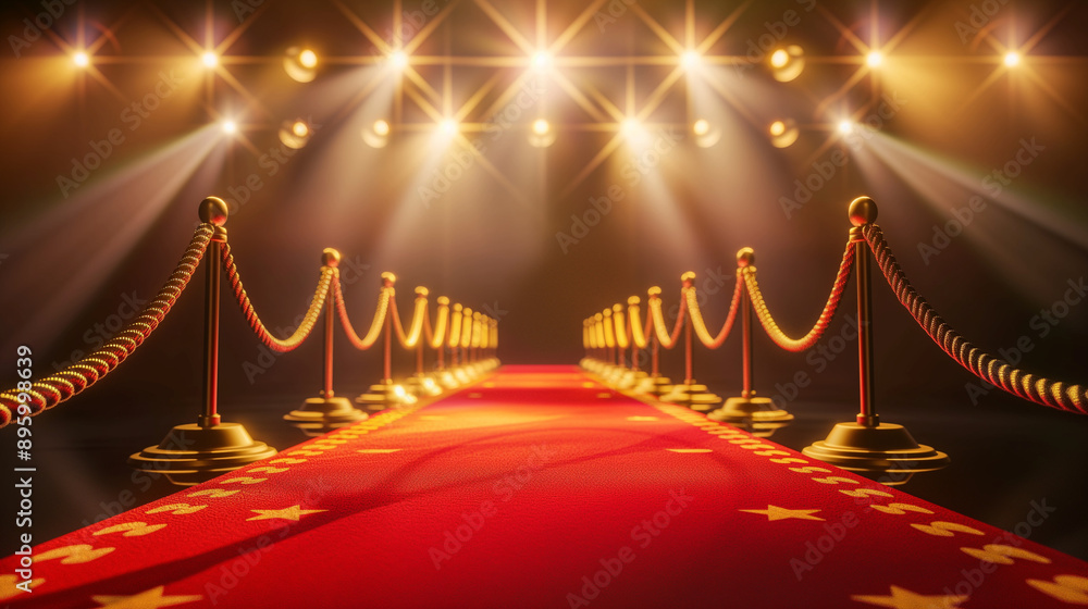 Luxury red carpet and golden stands with ropes on the background of spotlights. movie theatre concepts. Luxury red carpet and golden stands with ropes on the background of spotlights. movie theatre concepts.