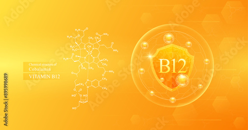 Shield vitamin B12 in dome with orange atom around and chemical structure of Cobalamin. Protect and build immunity healthy. Medical scientific concepts. Banner vector illustration.