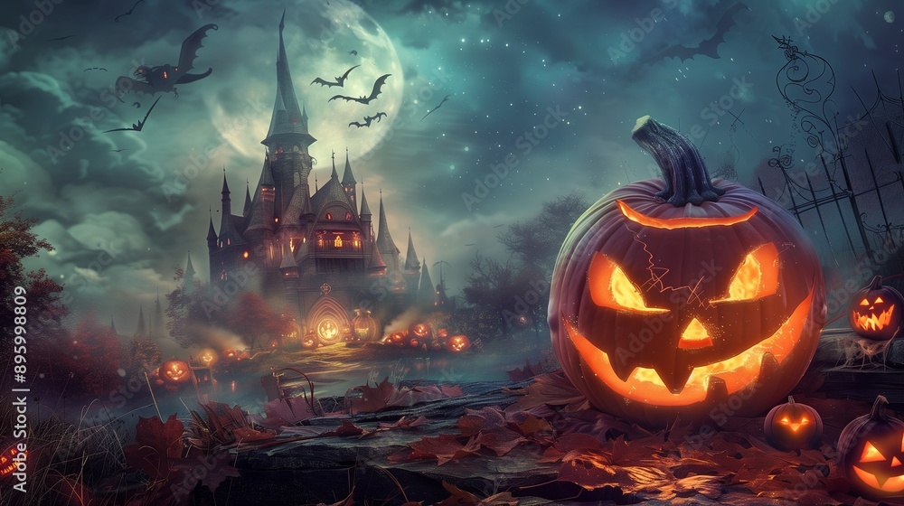 Halloween pumpkins in the forest at night.Halloween background with Evil Pumpkin. Spooky scary dark Night forrest. Holiday event halloween banner background concept Halloween pumpkins in the forest at night.Halloween background with Evil Pumpkin. Spooky scary dark Night forrest. Holiday event halloween banner background concept