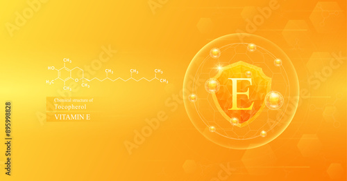 Shield vitamin E in dome with blue atom around and chemical structure of Tocopherol. Protect and build immunity healthy. Medical scientific concepts. Banner vector illustration.