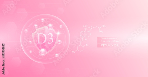 Shield vitamin D3 in dome with orange atom around and chemical structure. Protect and build immunity healthy. Medical scientific concepts. Banner vector illustration.