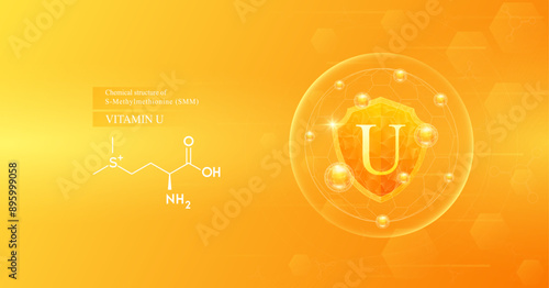 Shield vitamin U in dome with orange atom around and chemical structure. Protect and build immunity healthy. Medical scientific concepts. Banner vector illustration.