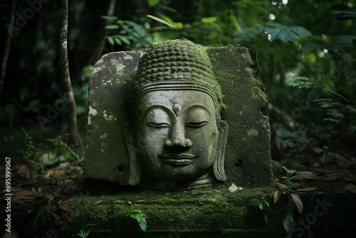 The head of the Buddha statue in the middle of the forest.