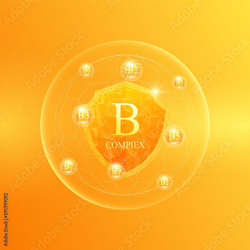 Shield vitamin B complex in dome with orange atom around. Protect and build immunity healthy. Medical scientific concepts. Banner vector illustration.
