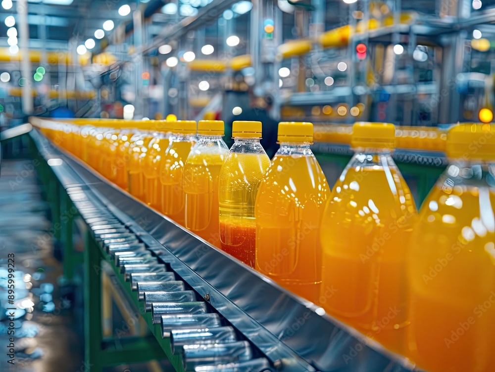 Bottles of juice on a conveyor belt in a factory Bottles of juice on a conveyor belt in a factory