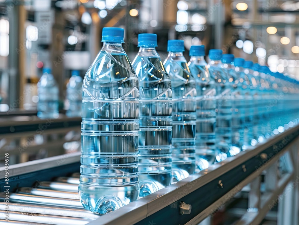 Bottles of mineral water on a conveyor belt in a factory Bottles of mineral water on a conveyor belt in a factory