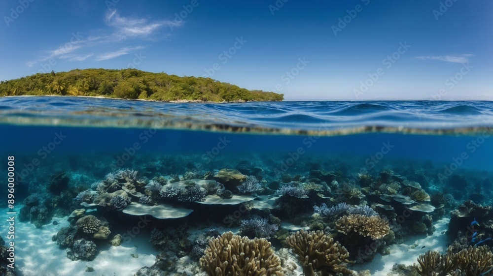 Naklejka premium Landscape with corals underwater, above the water there is a beautiful blue sky, underwater.