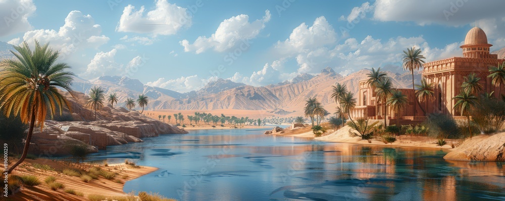 Fototapeta premium Arabian Nights Desert Oasis, 4K hyperrealistic photo