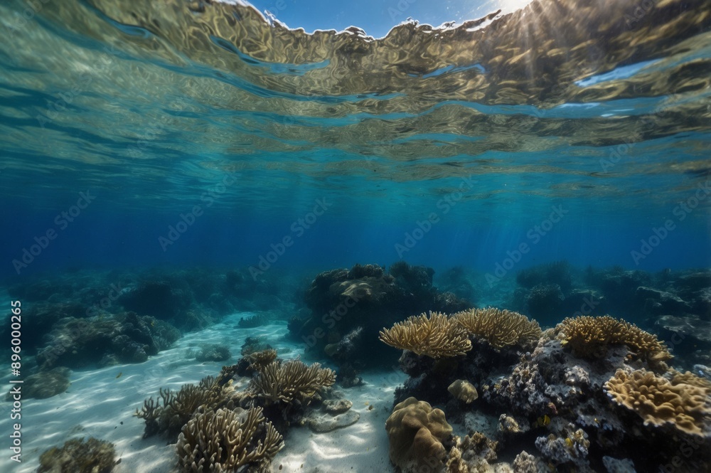 Landscape with corals underwater, above the water there is a beautiful blue sky, underwater. Landscape with corals underwater, above the water there is a beautiful blue sky, underwater.