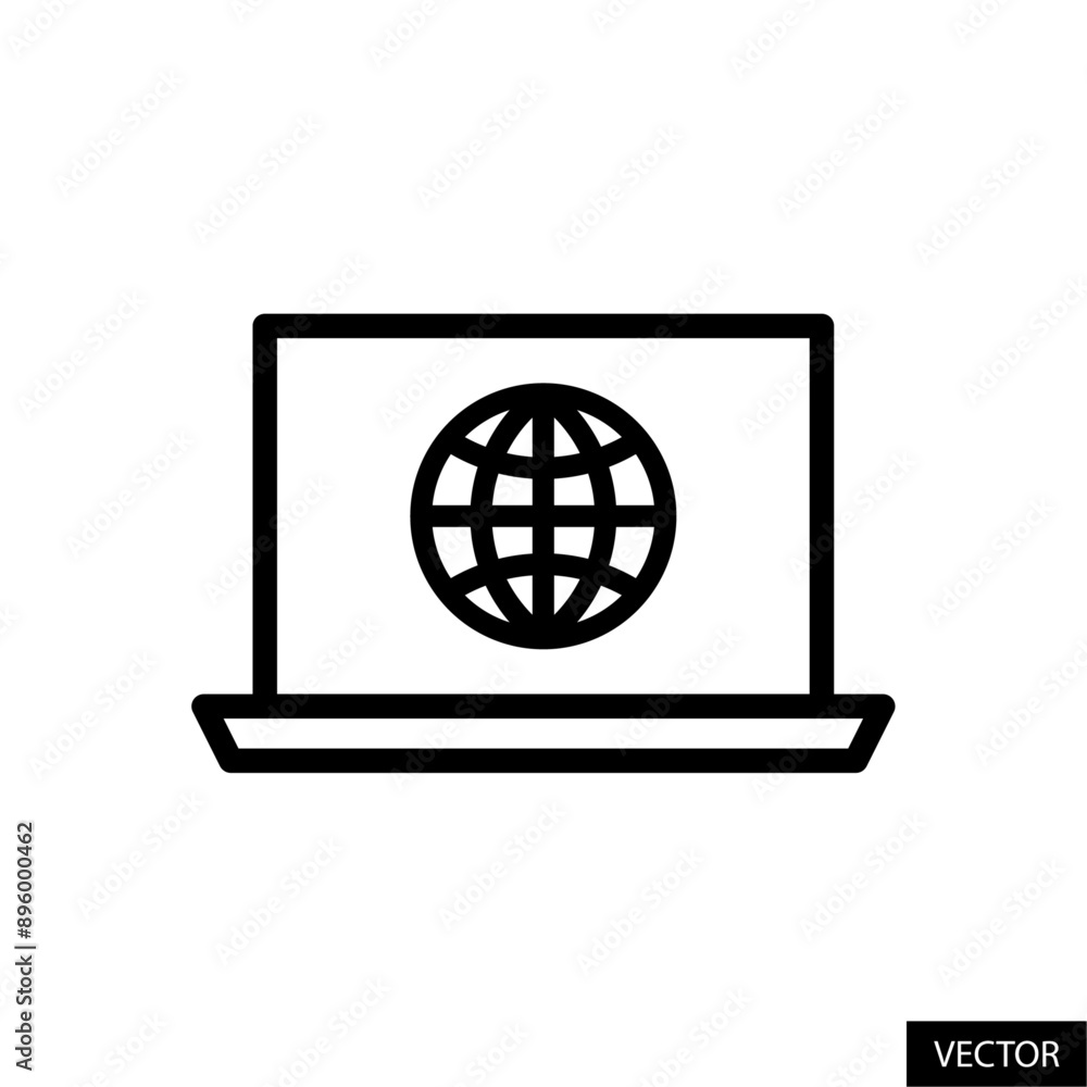 Laptop and globe symbol, browse internet concept vector icon in line style design for website, app, UI, isolated on white background. Editable stroke. Vector illustration. Laptop and globe symbol, browse internet concept vector icon in line style design for website, app, UI, isolated on white background. Editable stroke. Vector illustration.