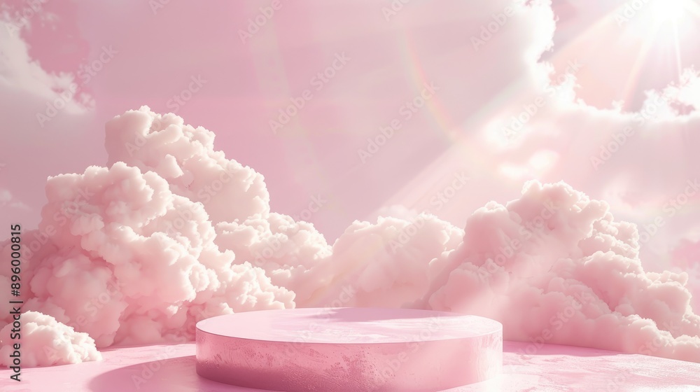 Pastel pink podium with clouds, creating a soft and dreamy background for product showcases Pastel pink podium with clouds, creating a soft and dreamy background for product showcases