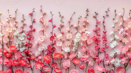 Elegant colorful with vibrant flower hanging branches illustration background. Bright color 3d abstraction wallpaper for interior mural, Generated by AI	