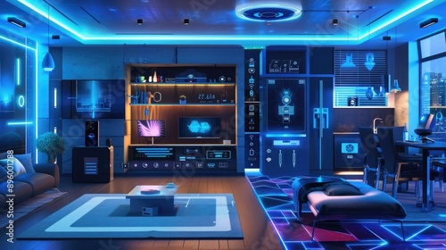 A futuristic smart home controlled by voice commands, regulating temperature, lighting, and security systems seamlessly.