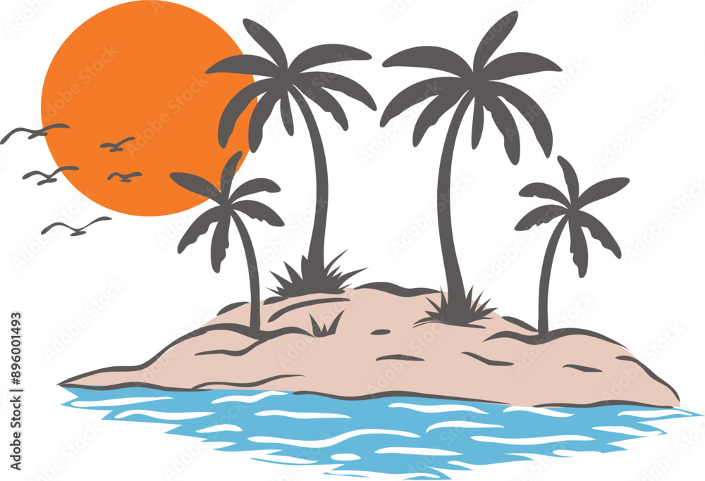 Coconut palm trees on an island with blue ocean waves and orange sun ...