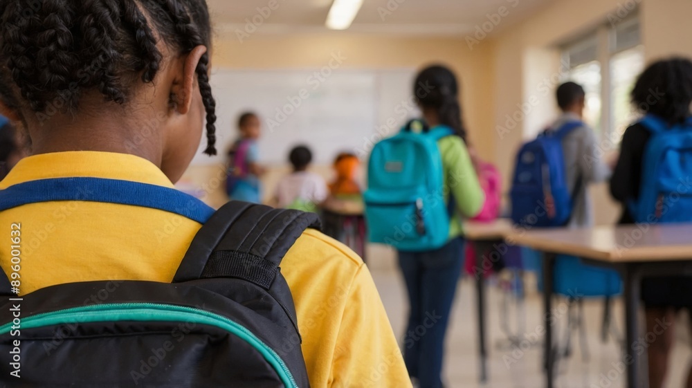 Black child on his back with school backpack, classroom in the background, back to school concept. Black child on his back with school backpack, classroom in the background, back to school concept.