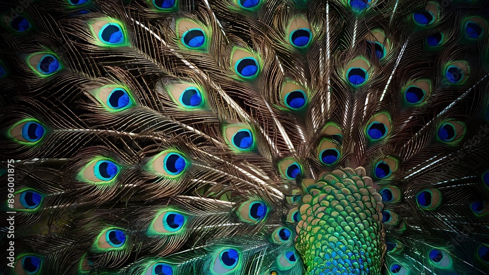 Obraz premium Colorful peacock feathers texture background, closeup, wallpaper
