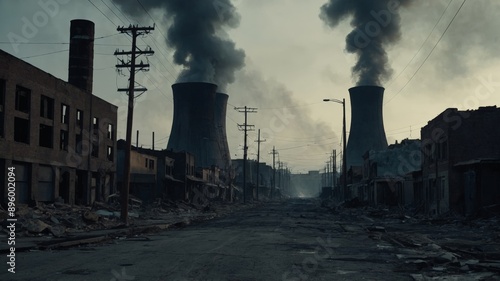 Destroyed street in a city, dark and dense weather, two chimneys from a nuclear source releasing a lot of smoke, concept of pollution, destruction, environmental disaster.