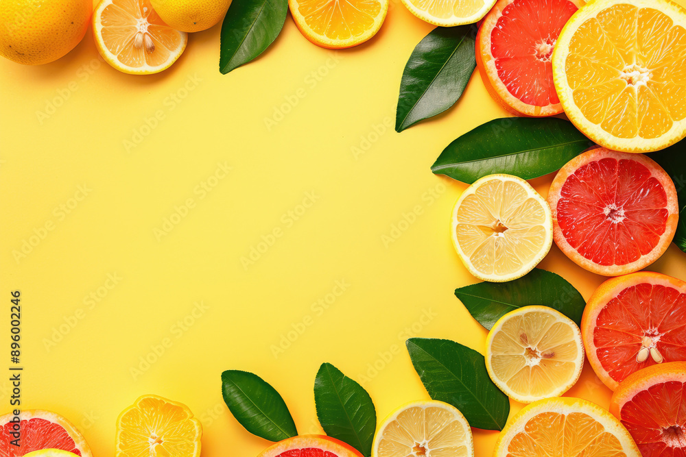 The abstract colorful composition of citrus fruits, slices, and green leaves on a yellow background. Tropical summer vibes. Flat lay, top view, copy space. The abstract colorful composition of citrus fruits, slices, and green leaves on a yellow background. Tropical summer vibes. Flat lay, top view, copy space.