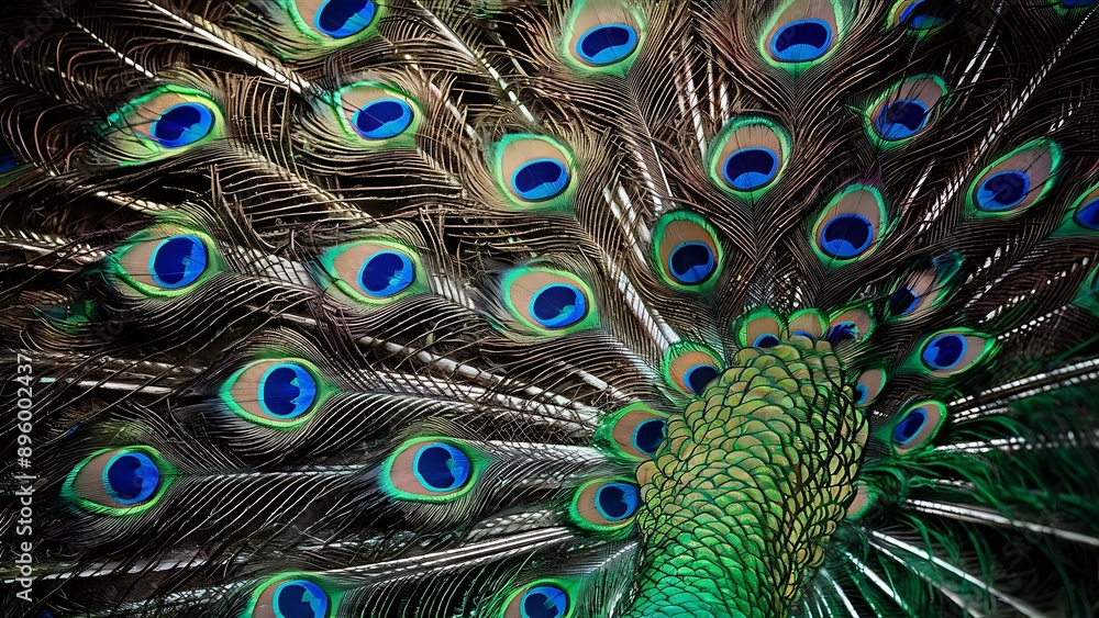 Obraz premium Colorful peacock feathers texture background, closeup, wallpaper