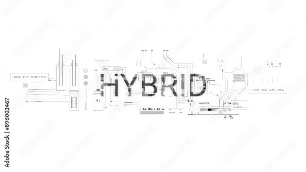 Hybrid calculation HUD Idea word text title appear style of computer scifi Data Information internet 2D graphic animation. White background Hybrid calculation HUD Idea word text title appear style of computer scifi Data Information internet 2D graphic animation. White background
