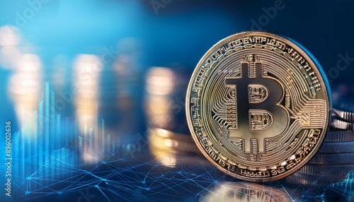 The image illustrates the intersection of finance and cryptocurrency. A golden Bitcoin stands prominently in the foreground, symbolizing the rise of digital currency. 