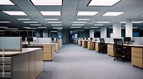 An empty office space with rows of cubicles and computer screens, devoid of any human activity, A traditional office space with cubicles and fluorescent lighting photo