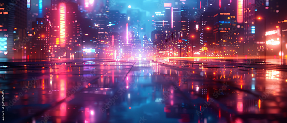 Futuristic Cityscape with Neon Lights Reflecting on Wet Pavement Futuristic Cityscape with Neon Lights Reflecting on Wet Pavement