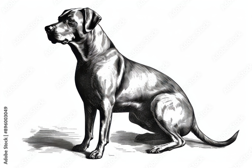 Obraz premium Black and white Vintage engraved art of a dog isolated on white background, ink sketch illustration, simple vector art design 