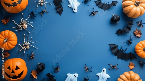 Happy Halloween party invitation card with decorations, pumpkins, ghosts, bats on blue background, Vintage style. Flat lay, top view, copy space.