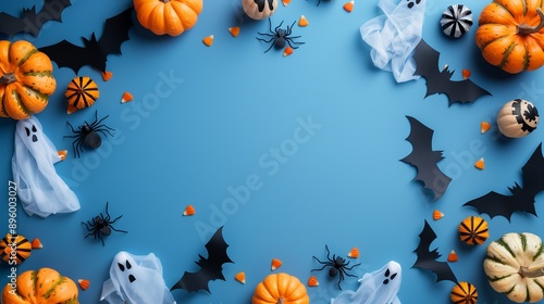 Happy Halloween party invitation card with decorations, pumpkins, ghosts, bats on blue background, Vintage style. Flat lay, top view, copy space.