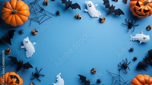 Happy Halloween party invitation card with decorations, pumpkins, ghosts, bats on blue background, Vintage style. Flat lay, top view, copy space.