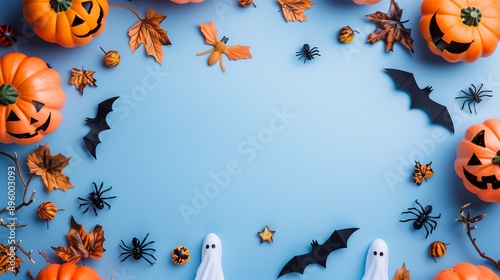 Happy Halloween party invitation card with decorations, pumpkins, ghosts, bats on blue background, Vintage style. Flat lay, top view, copy space.