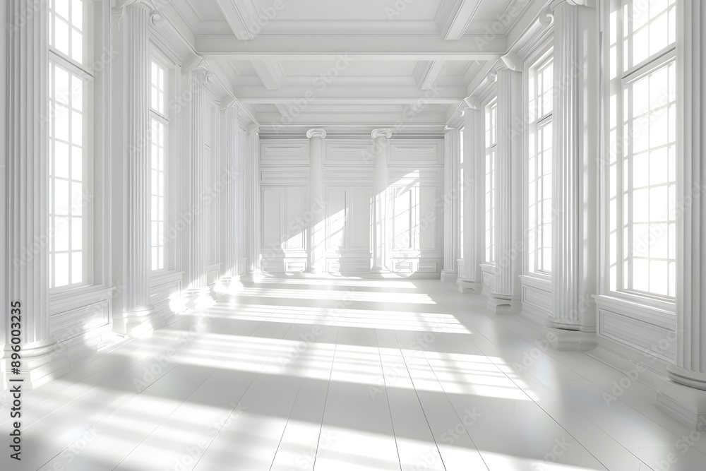 Elegant White Hall with Sunlight Streaming Through Tall Windows Elegant White Hall with Sunlight Streaming Through Tall Windows