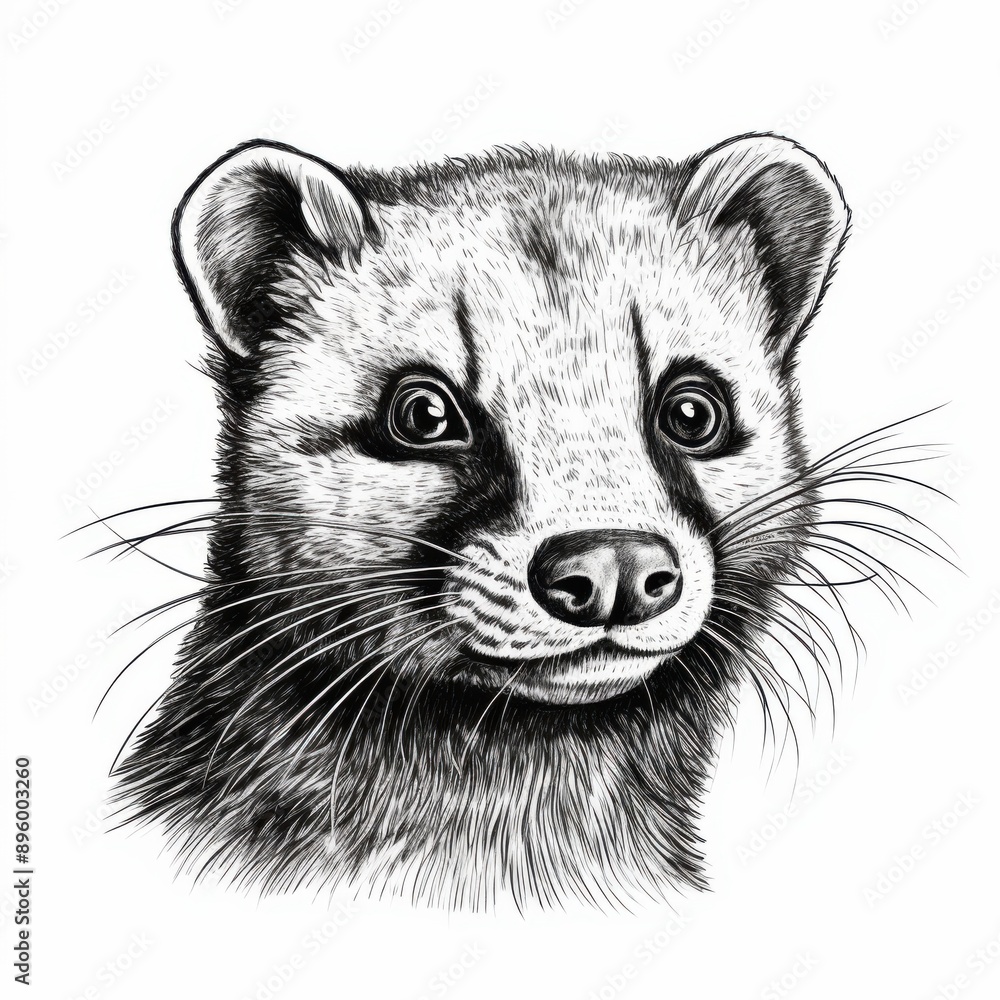 Obraz premium Black and white Vintage engraved art of a ferret portrait isolated on white background, ink sketch illustration, simple vector art design, highly detailed line art, high contrasty. 
