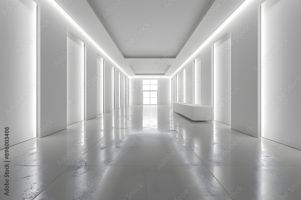 Fototapeta premium Modern Minimalist Hallway with Soft Lighting and Reflective Surfaces