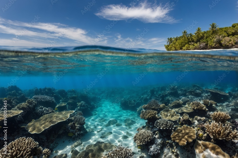 Landscape with corals underwater, above the water there is a beautiful blue sky, underwater. Landscape with corals underwater, above the water there is a beautiful blue sky, underwater.
