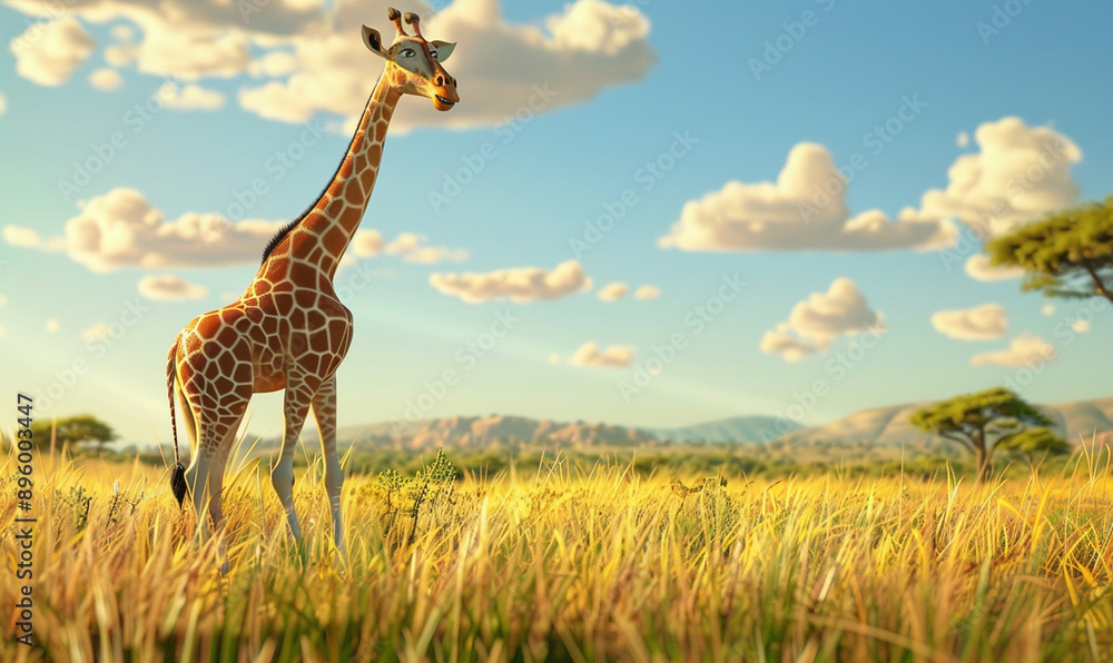 Fototapeta premium 3D Cartoon Giraffe with Detailed Texture in Nature