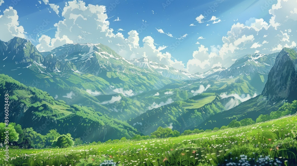 Fototapeta premium Picturesque anime summer landscape with lush hills, towering mountains, and a serene sky with scattered clouds