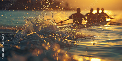 A silhouette of a rowing crew in the golden light of the sunset as they race across the water.