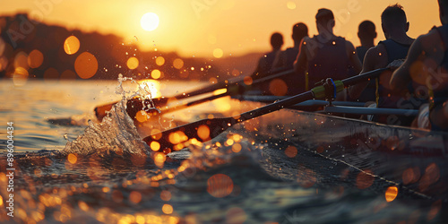 A rowing team races across a lake at sunset.
